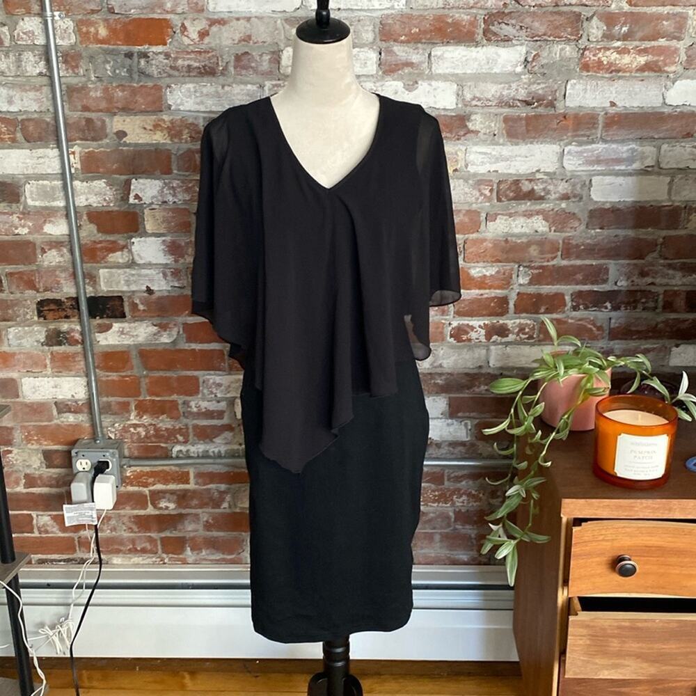 Women Black Chiffon Cape V Neck Bodycon Pencil Cocktail Elegant midi  Dress M